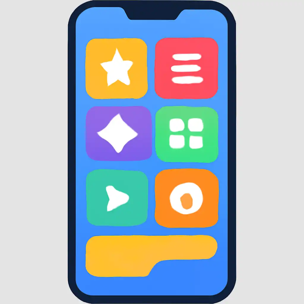 Smartphone shown from the front displaying a colourful flat layout of abstract game icons and rounded tiles (no text, no letters, no labels), L7 Lottery