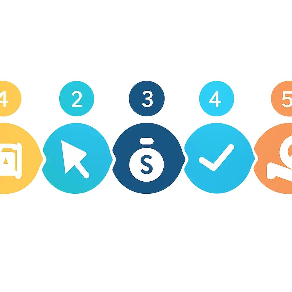 Five numbered circular icons connected by arrows in a horizontal flow, flat illustration, icons only, no words, L7 Lottery steps